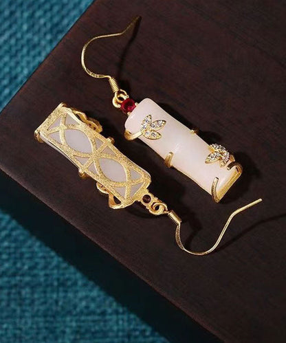 Kunst Weiß Antike Gold Intarsien Zirkon Jade Bambus Joint Drop Ohrringe