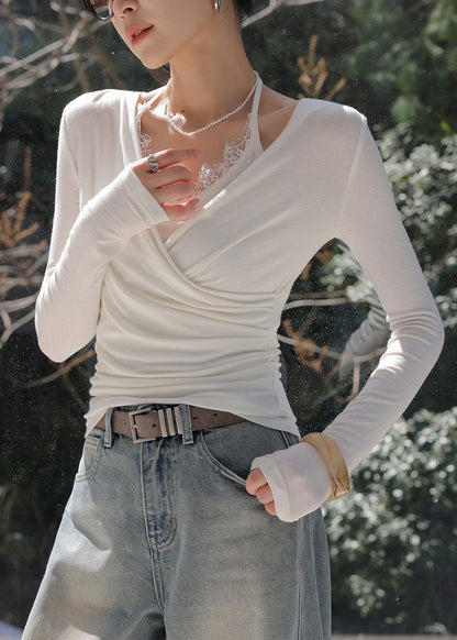 Art White Asymmetrical Cotton Halter Tops Spring