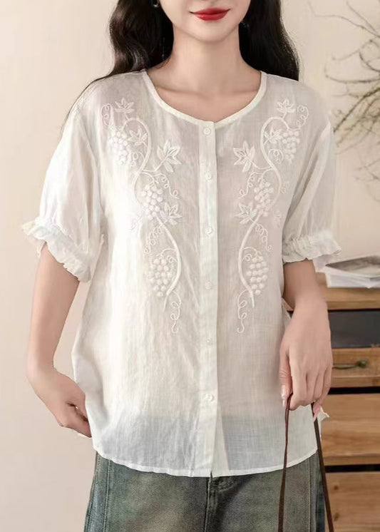 Art White Embroidered O-Neck Cotton Shirt Top Summer