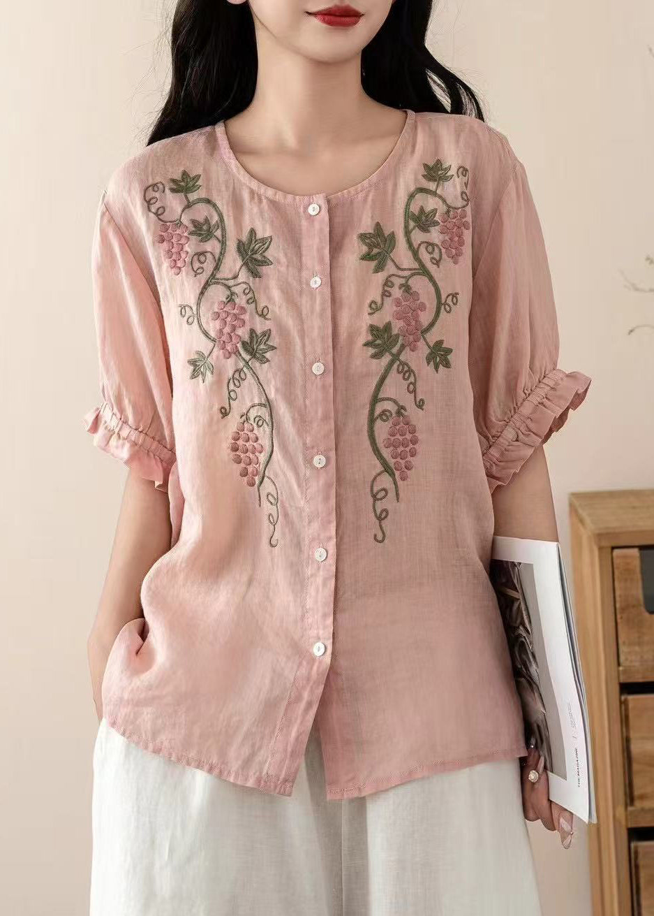 Art White Embroidered O-Neck Cotton Shirt Top Summer