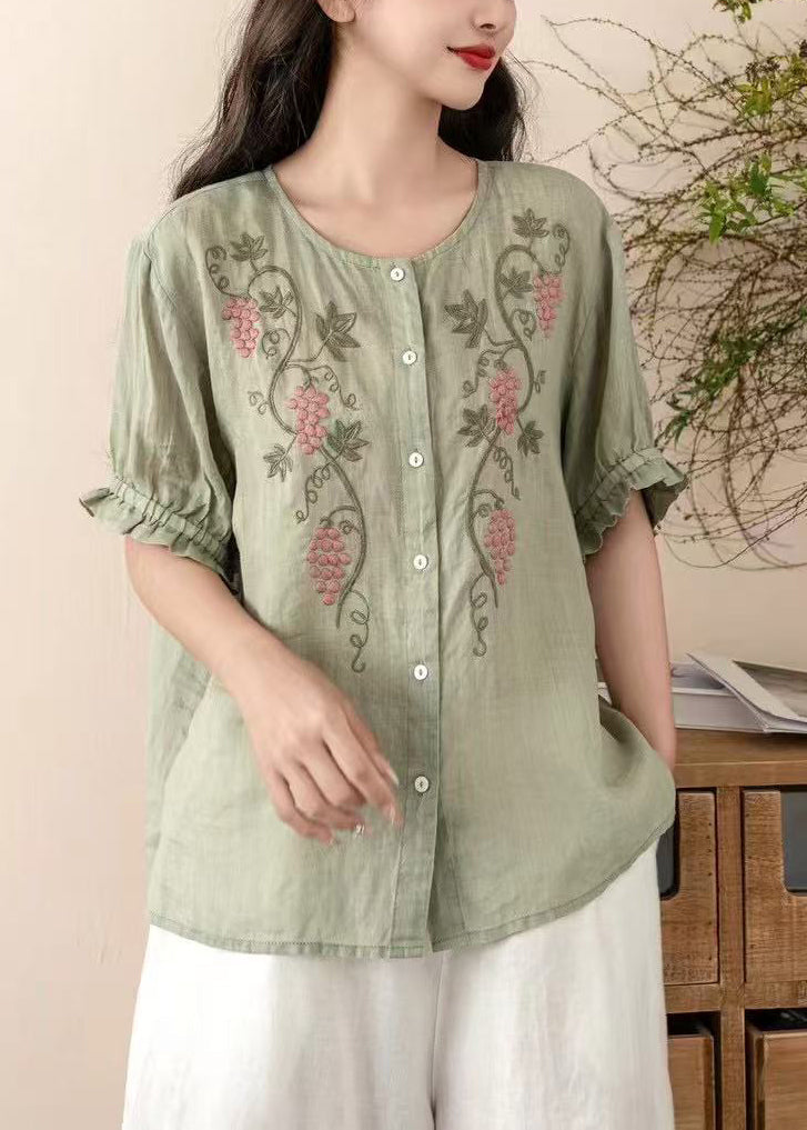 Art White Embroidered O-Neck Cotton Shirt Top Summer