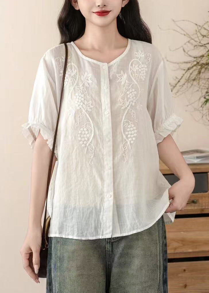 Art White Embroidered O-Neck Cotton Shirt Top Summer