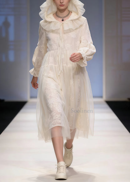 Art White Embroidered Patchwork Tulle Holiday Hooded Dress Spring