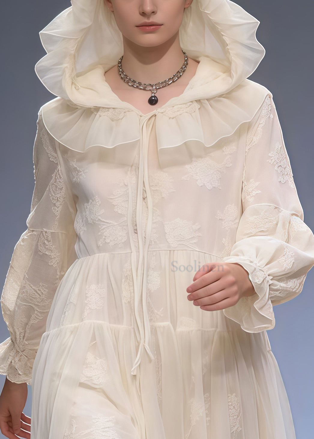 Art White Embroidered Patchwork Tulle Holiday Hooded Dress Spring