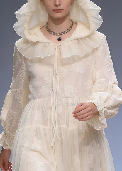Art White Embroidered Patchwork Tulle Holiday Hooded Dress Spring