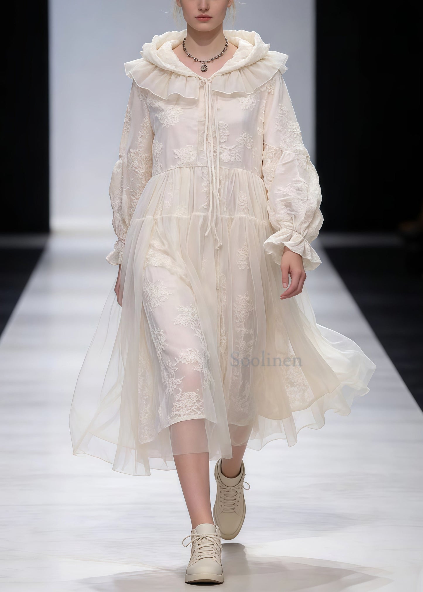 Art White Embroidered Patchwork Tulle Holiday Hooded Dress Spring