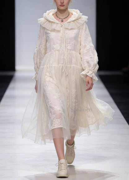 Art White Embroidered Patchwork Tulle Holiday Hooded Dress Spring