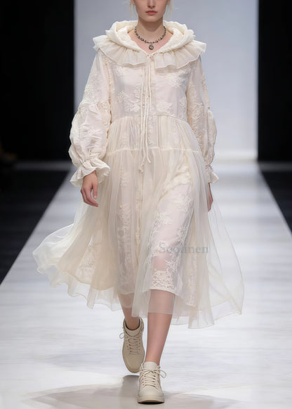 Art White Embroidered Patchwork Tulle Holiday Hooded Dress Spring
