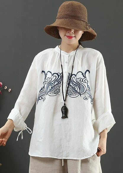 Art White Embroidery Tops Women Stand Collar Daily Spring Top - SooLinen