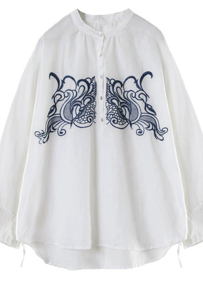 Art White Embroidery Tops Women Stand Collar Daily Spring Top - SooLinen