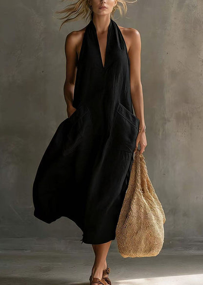 Art White Halter V Neck Pockets Cotton Maxi Dress Sleeveless