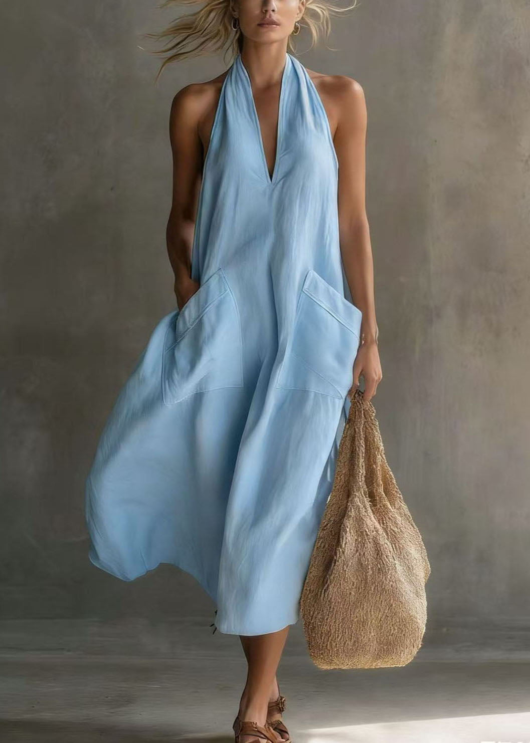 Art White Halter V Neck Pockets Cotton Maxi Dress Sleeveless