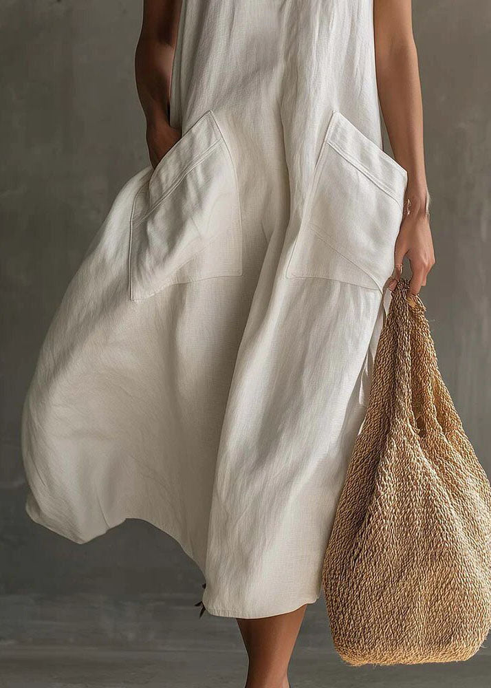 Art White Halter V Neck Pockets Cotton Maxi Dress Sleeveless