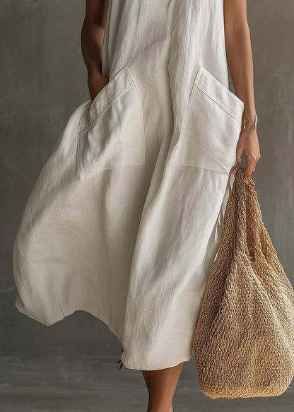 Art White Halter V Neck Pockets Cotton Maxi Dress Sleeveless