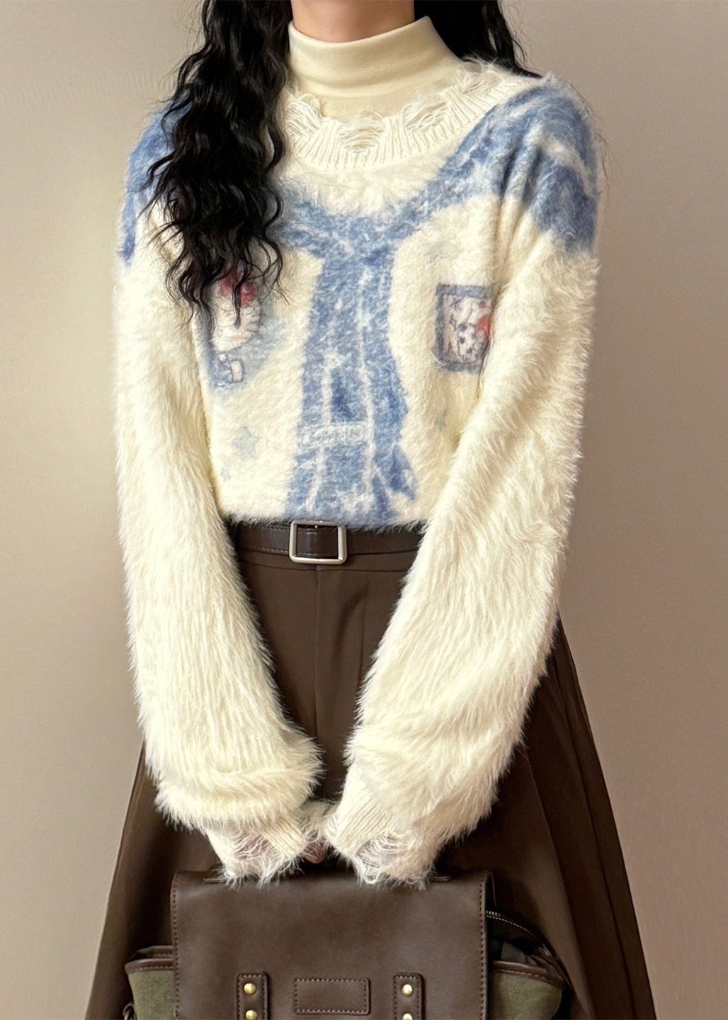 Art White Hole Print Mink Hair Knitted Sweaters Spring