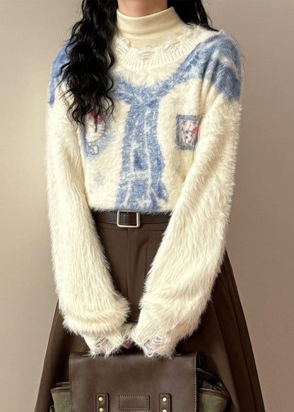 Art White Hole Print Mink Hair Knitted Sweaters Spring