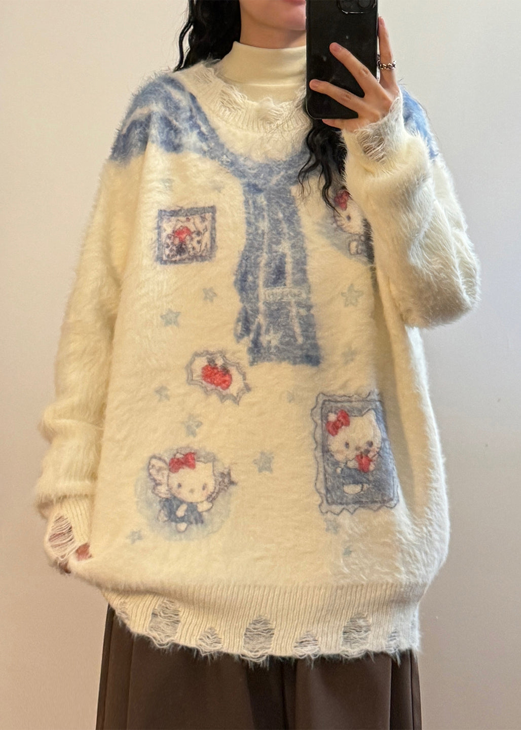 Art White Hole Print Mink Hair Knitted Sweaters Spring