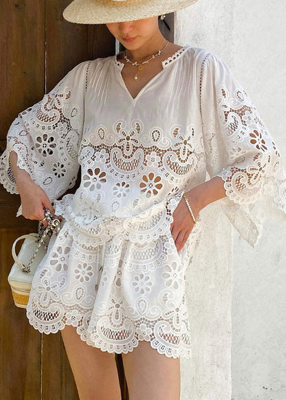 Art White Hollow Out Lace Two Piece Set Half Sleeve