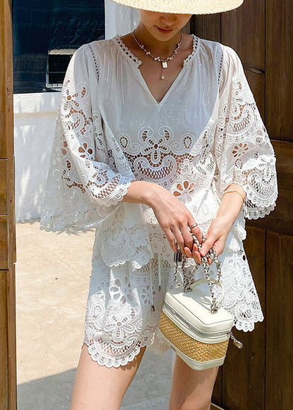 Art White Hollow Out Lace Two Piece Set Half Sleeve