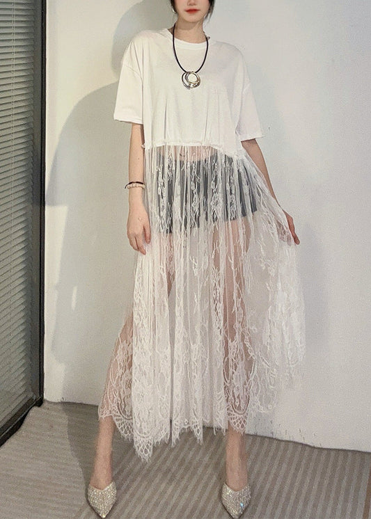 Art White Hollow Out Patchwork Lace Ankle Dress Summer
