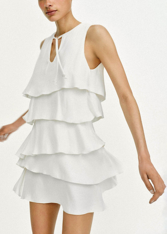 Art White Lace Up Layered Tea Dress Summer