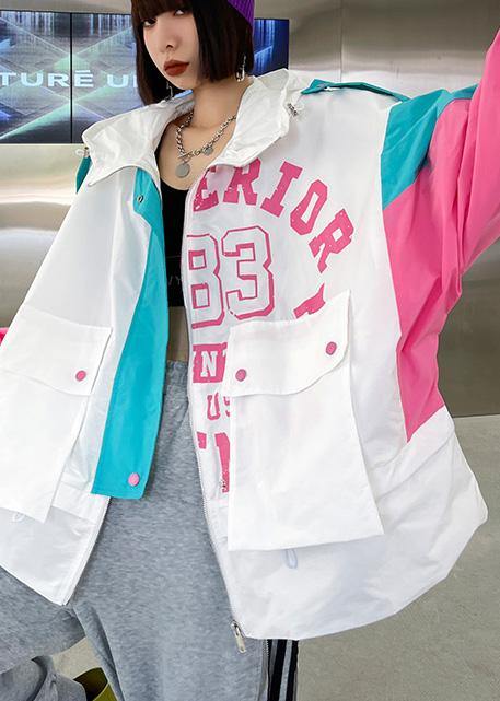 Art White Letter Patchwork Cotton Spring Hooded Coat - SooLinen