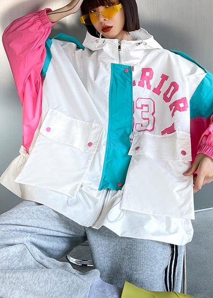Art White Letter Patchwork Cotton Spring Hooded Coat - SooLinen