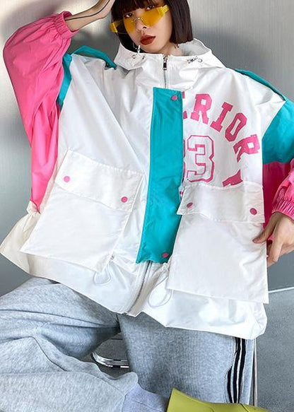 Art White Letter Patchwork Cotton Spring Hooded Coat - SooLinen
