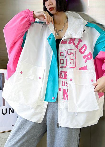 Art White Letter Patchwork Cotton Spring Hooded Coat - SooLinen