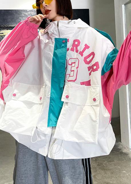 Art White Letter Patchwork Cotton Spring Hooded Coat - SooLinen