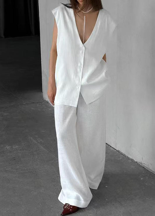 Art White Oversized Cotton Vests And Wide Leg Pants Two Piece Set Outfits Summer