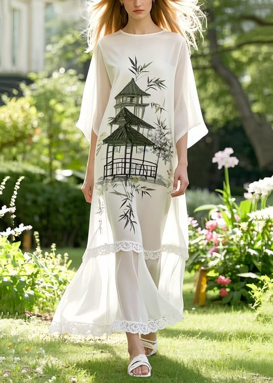 Art White Patchwork Draping Chiffon Maxi Dresses Summer