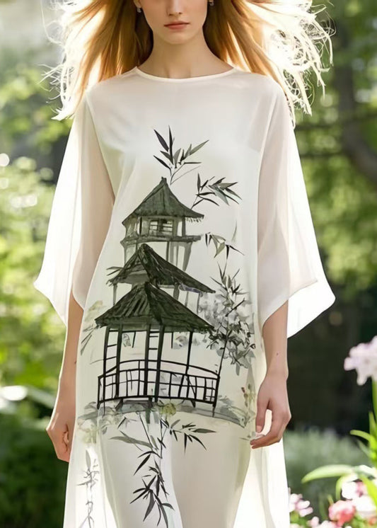 Art White Patchwork Draping Chiffon Maxi Dresses Summer