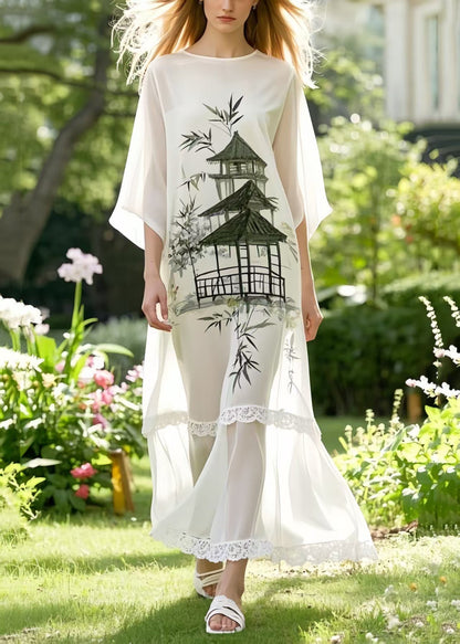 Art White Patchwork Draping Chiffon Maxi Dresses Summer