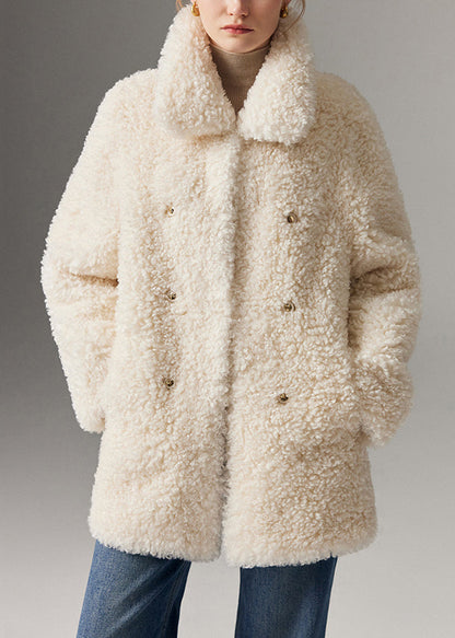 Abrigos de piel sintética de peluche con bolsillos y cuello Peter Pan blanco artístico para invierno