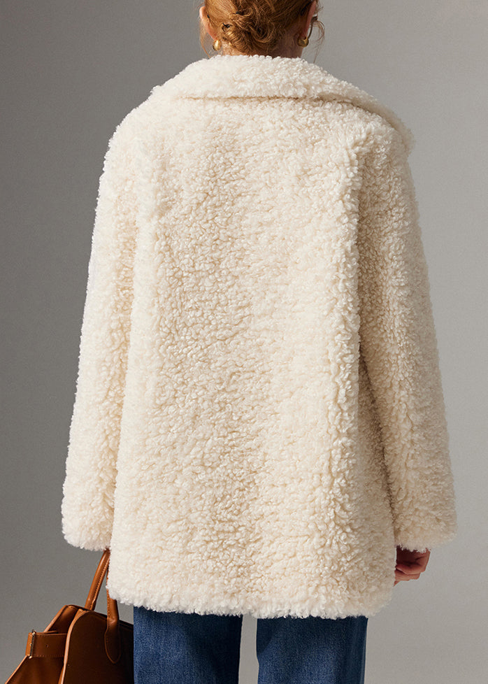 Abrigos de piel sintética de peluche con bolsillos y cuello Peter Pan blanco artístico para invierno