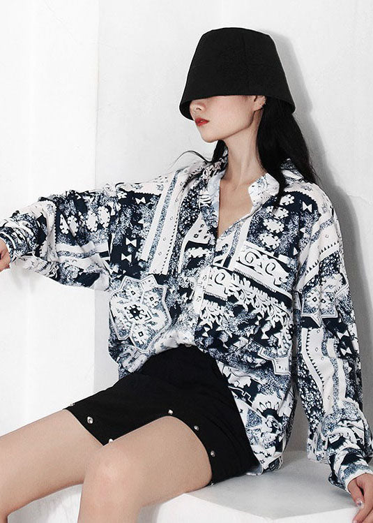 Kunst Weiß Peter Pan Kragen Print Chiffon Shirt Frühling