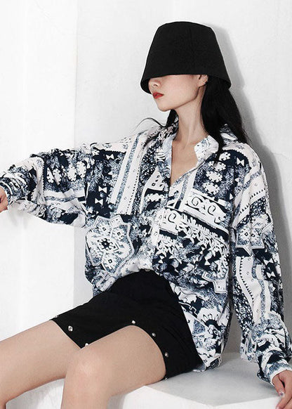 Kunst Weiß Peter Pan Kragen Print Chiffon Shirt Frühling