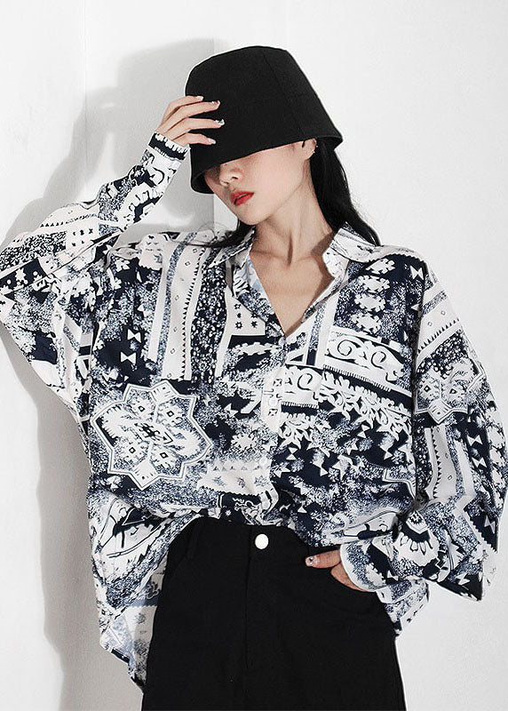 Kunst Weiß Peter Pan Kragen Print Chiffon Shirt Frühling