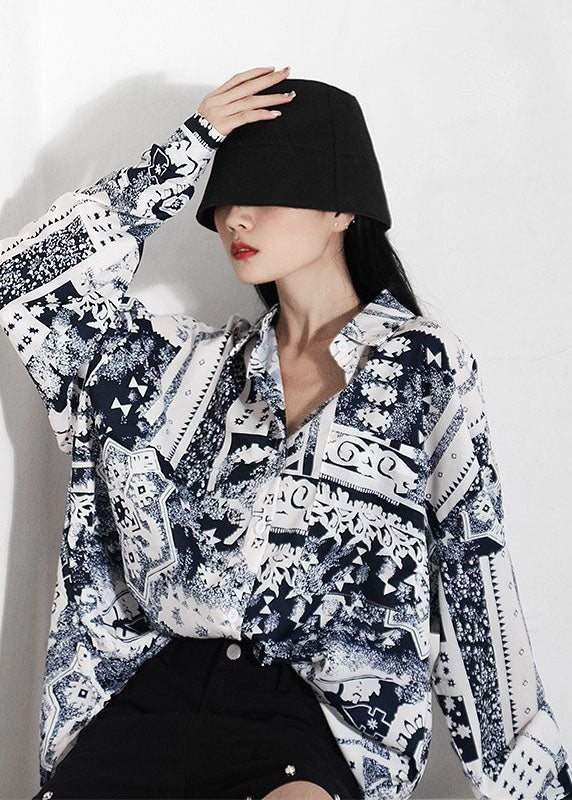 Kunst Weiß Peter Pan Kragen Print Chiffon Shirt Frühling