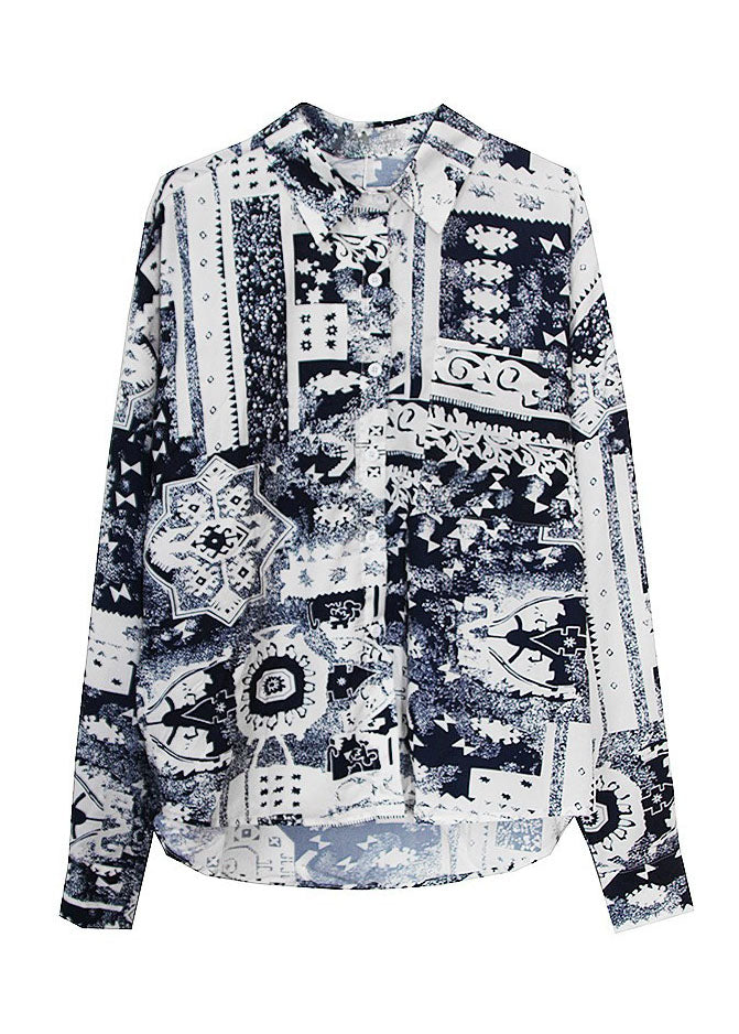 Kunst Weiß Peter Pan Kragen Print Chiffon Shirt Frühling