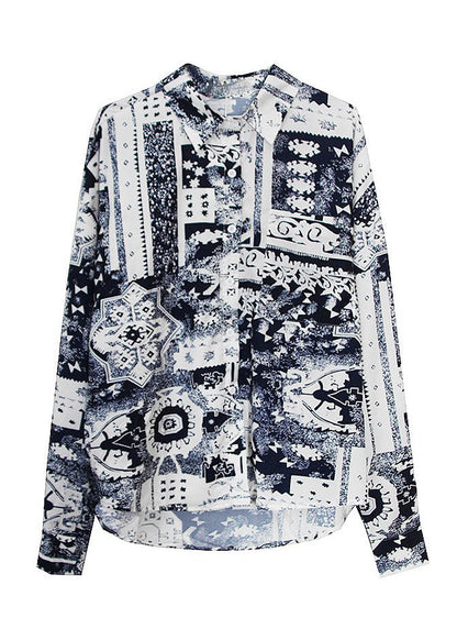 Kunst Weiß Peter Pan Kragen Print Chiffon Shirt Frühling