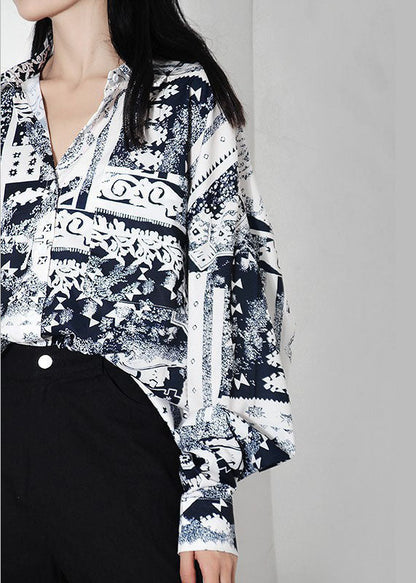 Kunst Weiß Peter Pan Kragen Print Chiffon Shirt Frühling