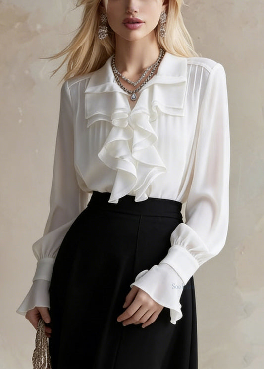 Art White Peter Pan Collar Ruffled Chiffon Shirts Spring