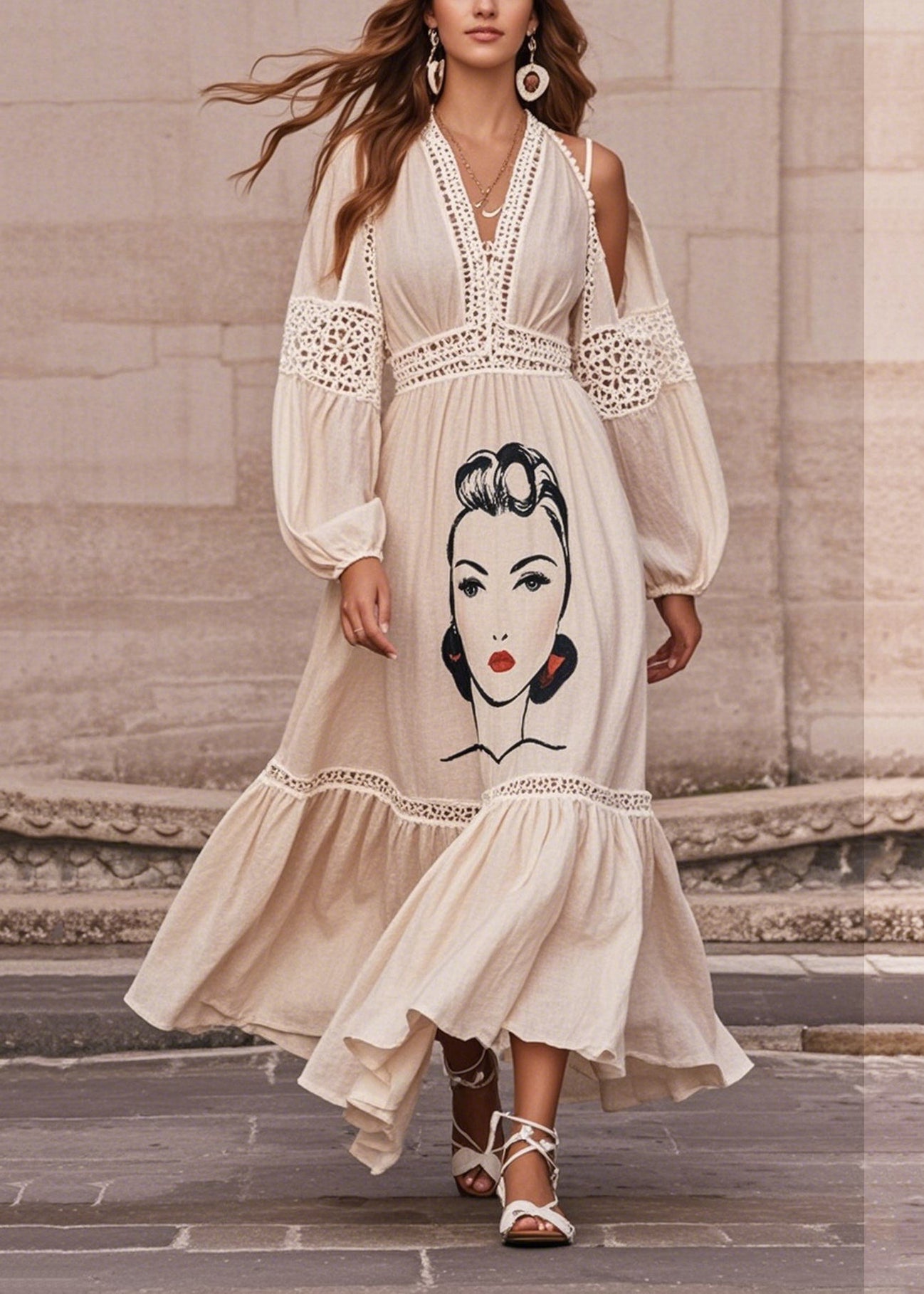 Art White Print Patchwork Hollow Out Cotton Dress Summer