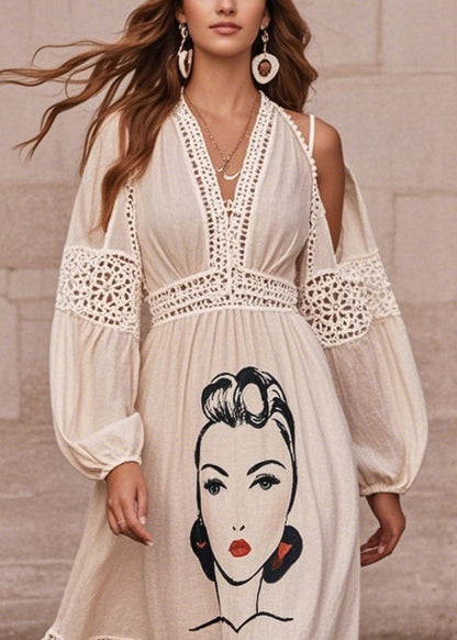 Art White Print Patchwork Hollow Out Cotton Dress Summer