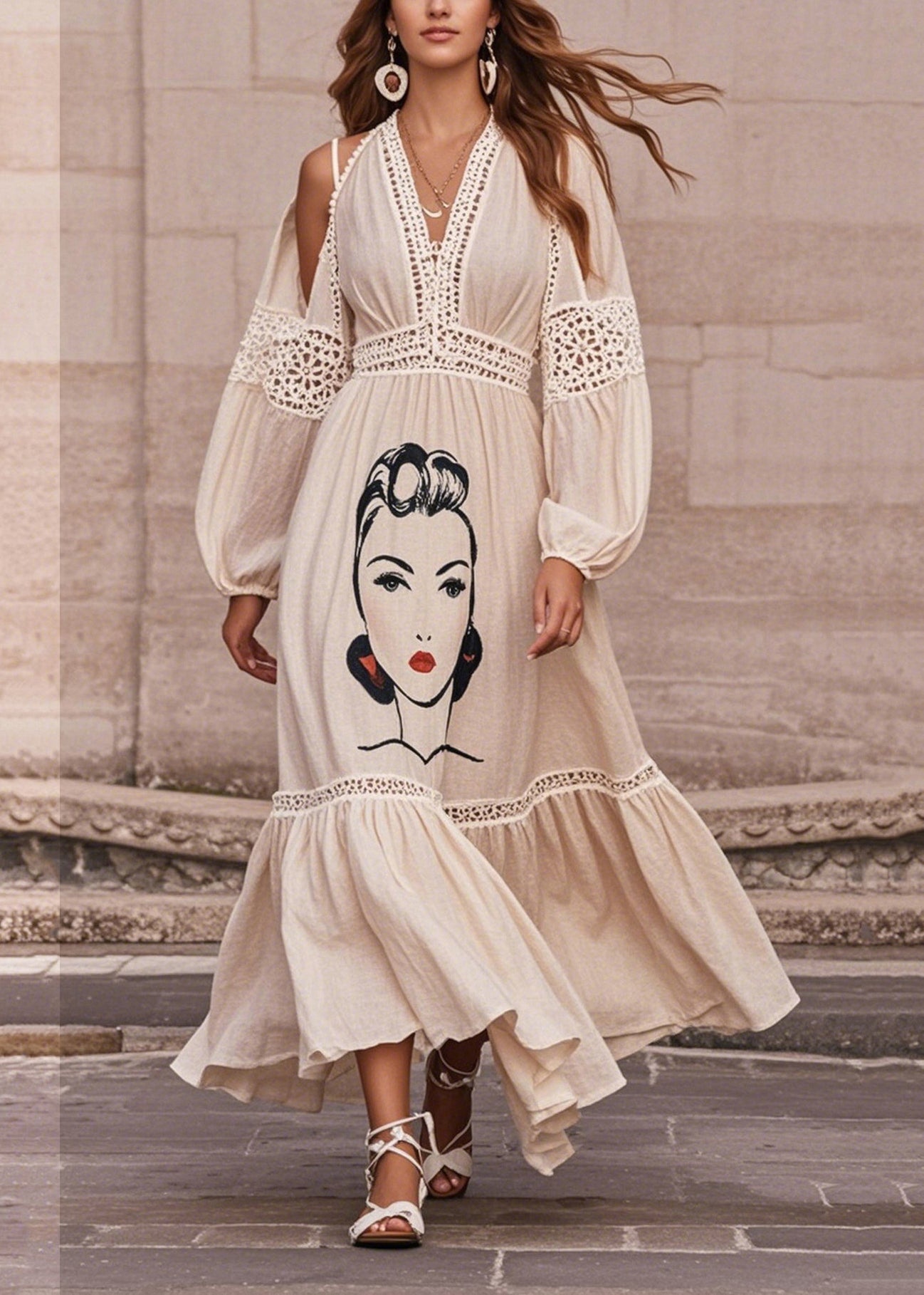 Art White Print Patchwork Hollow Out Cotton Dress Summer