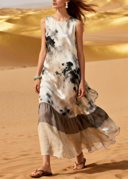 Art White Print Patchwork Silk A Line Dresses Summer