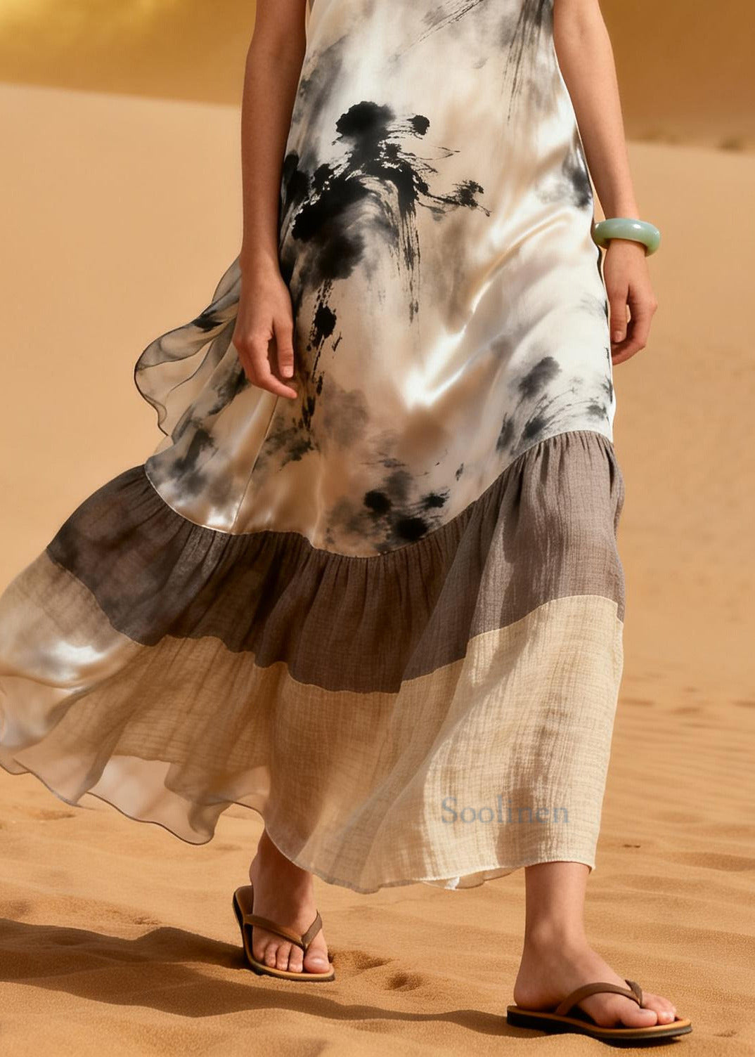 Art White Print Patchwork Silk A Line Dresses Summer