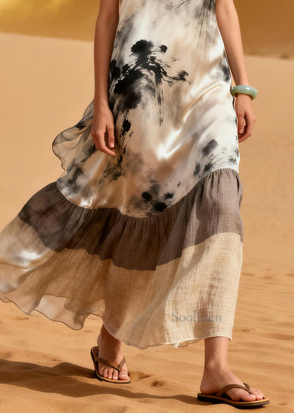 Art White Print Patchwork Silk A Line Dresses Summer